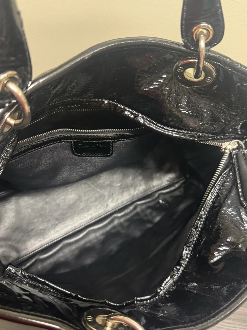 CHRISTIAN DIOR Black Cannage Quilted Patent Leather Small Dior Soft Tote Bag Ove